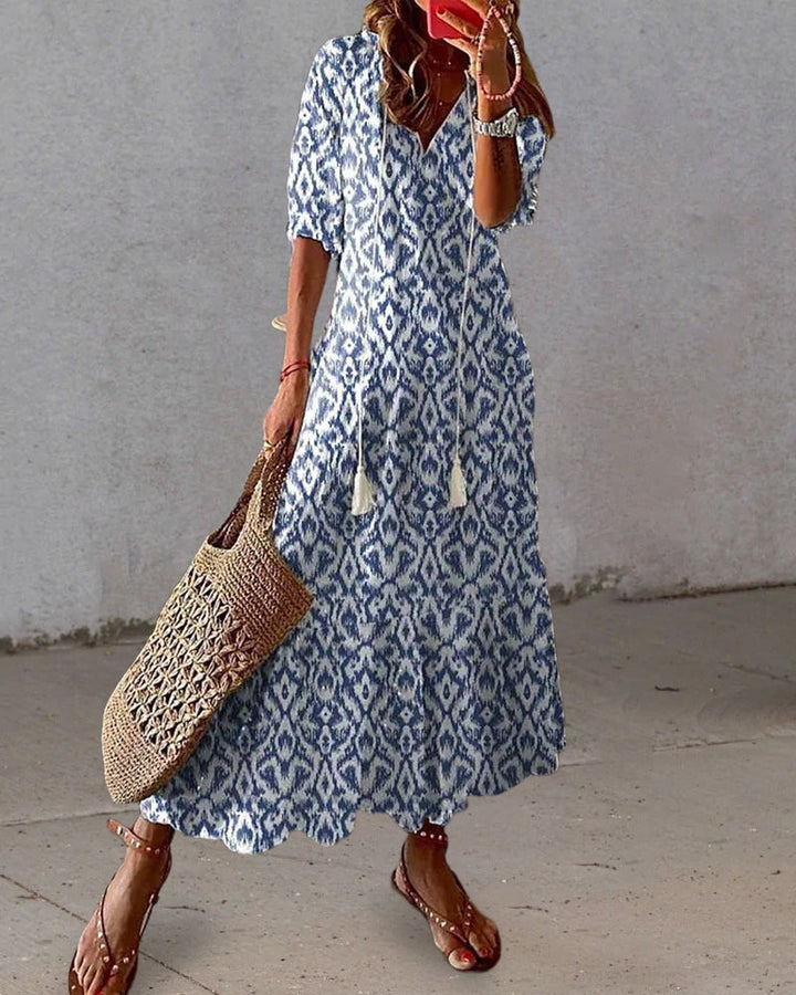 Langes Maxikleid Damen V-Ausschnitt Print