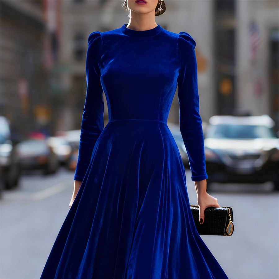 Damen-Midi-Kleid aus marineblauem Samt mit langen Ärmeln