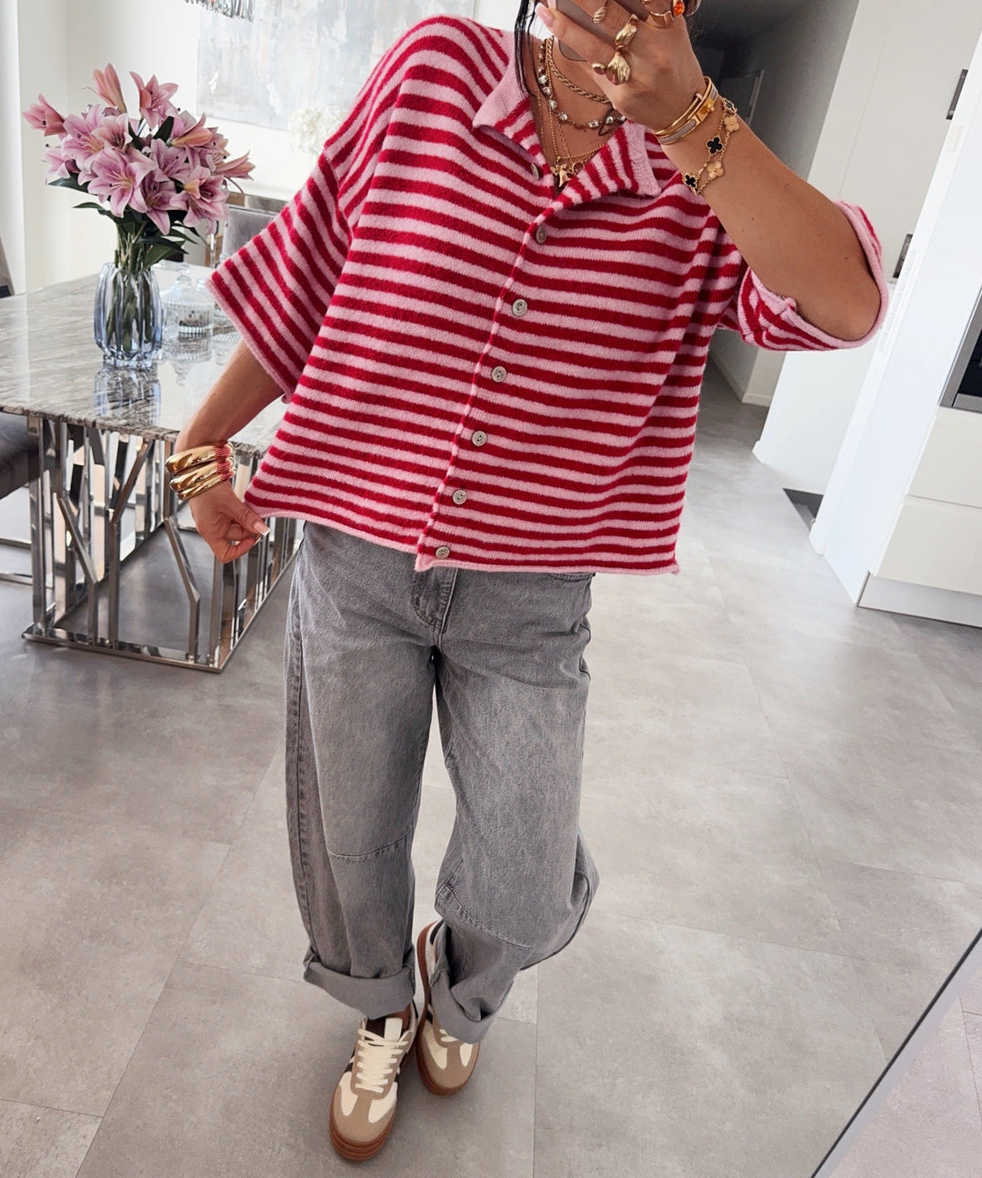 Kurzarm Cardigan Lillith Streifen Rot