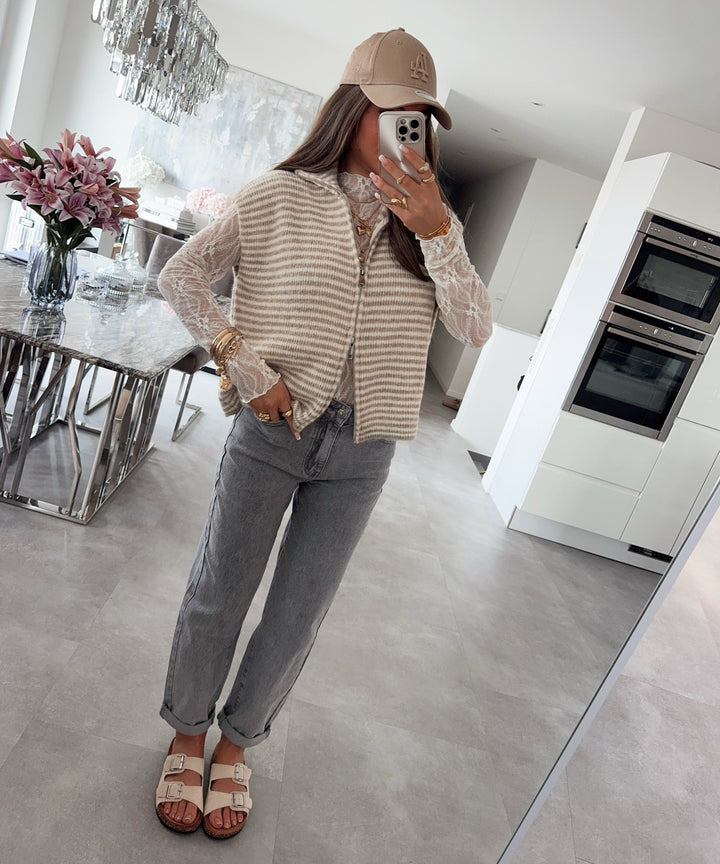 Kurzarm Strickjacke Vania Streifen Beige Ladypolitan ♡