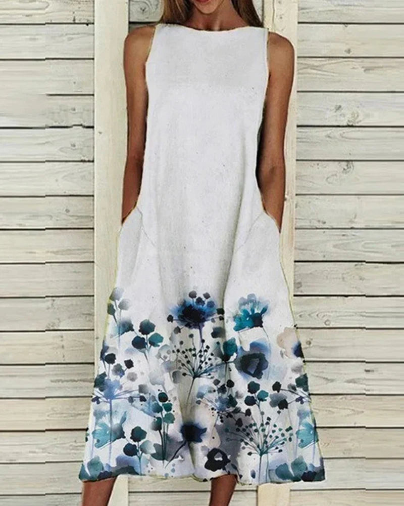 Barbara | Damen Ärmelloses Rundhals Blumen Midi Kleid