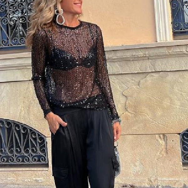 Damen-Paillettenbluse mit geradem Schnitt und langen Ärmeln