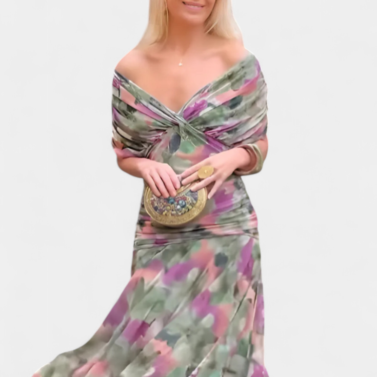 Damen-Maxikleid mit V-Ausschnitt und Blumenmuster