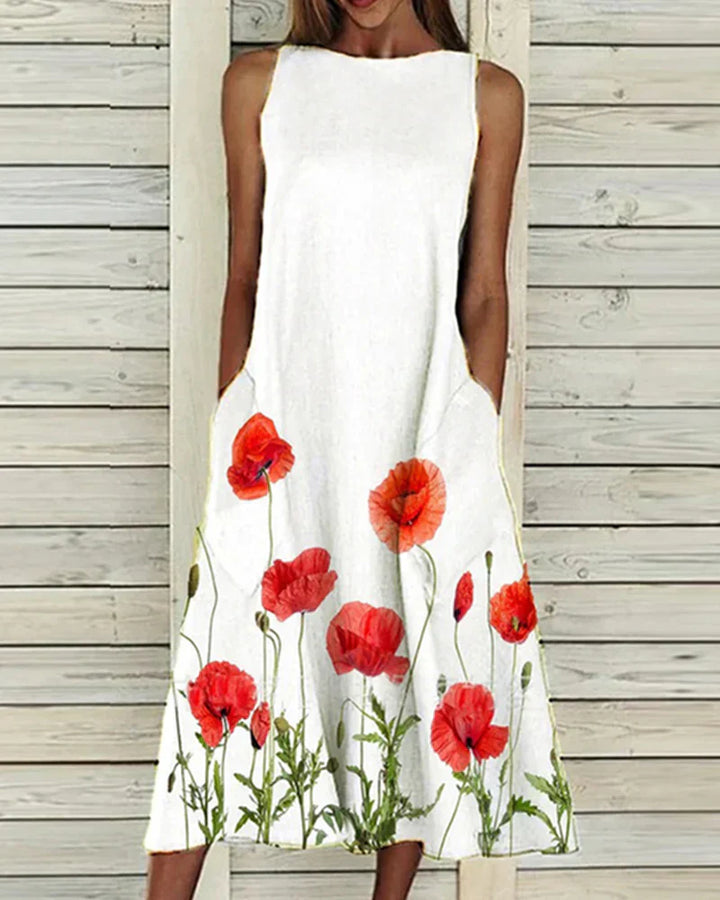 Barbara | Damen Ärmelloses Rundhals Blumen Midi Kleid