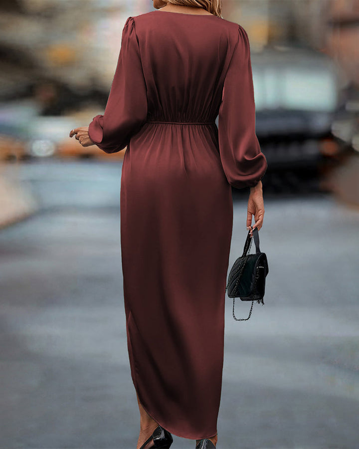 Abito Donna Fluente Tessuto Leggero Maniche a Lanterna Scollo a V