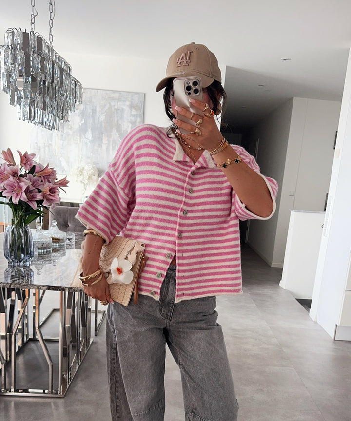 Kurzarm Cardigan Lillith Streifen Rosa Ladypolitan ♡