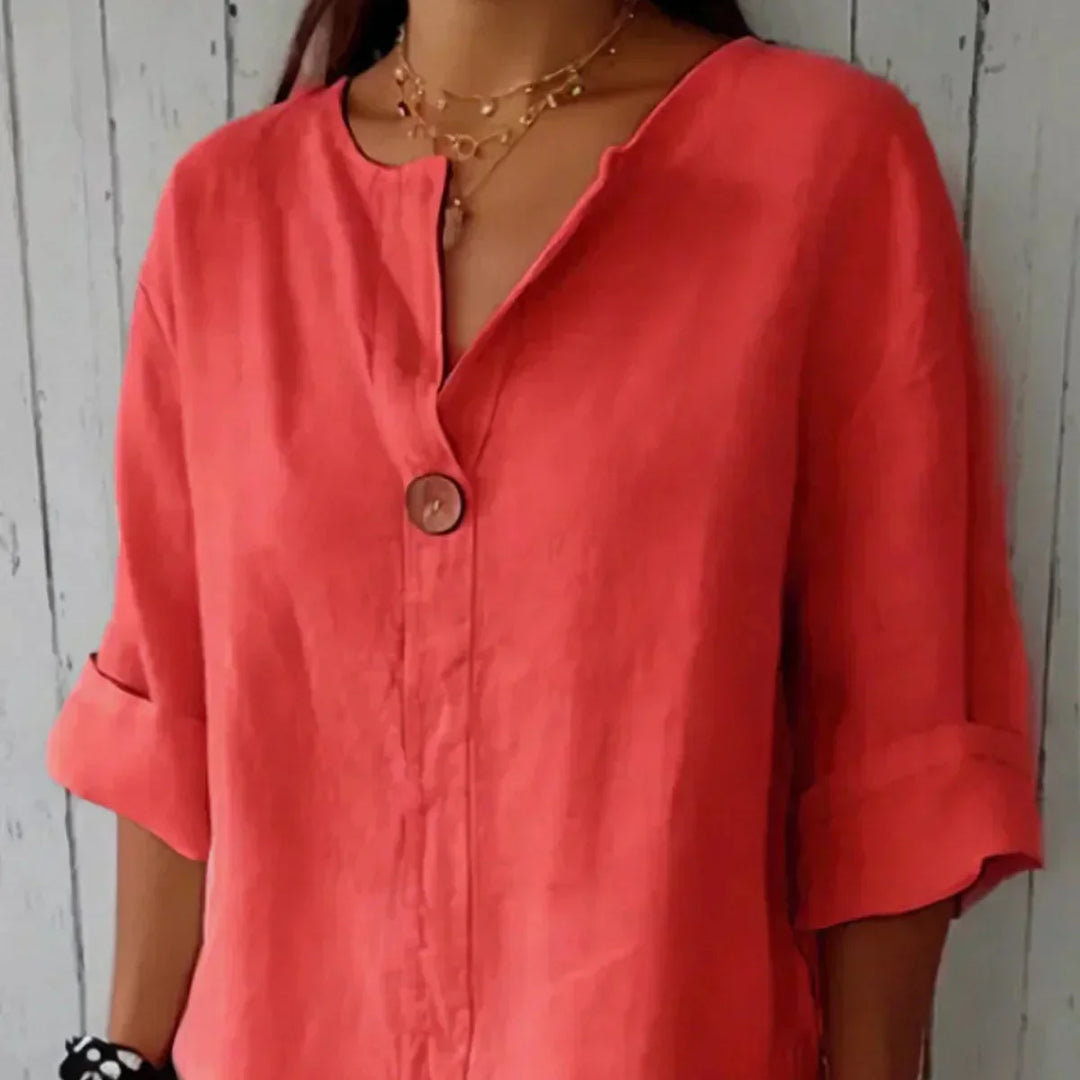 Damen Sommerbluse mit V-Ausschnitt und Knopfdetail