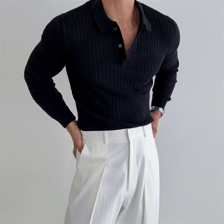 Anton | Herren Gerippte Knopfleiste Langarm Polo-Shirt