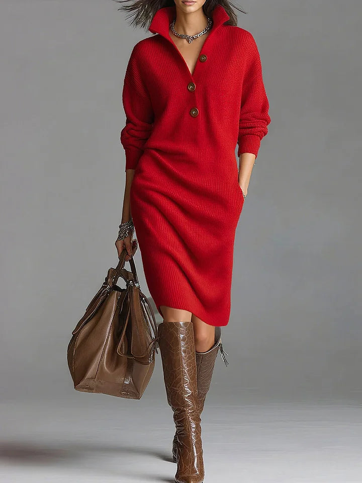 Helene | Damen Midikleid mit Knopfleiste und Rippstruktur