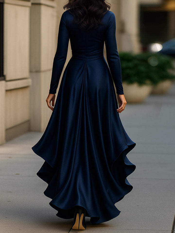 Satin-Maxikleid für Damen | Drapierte Rüschen, lange Ärmel