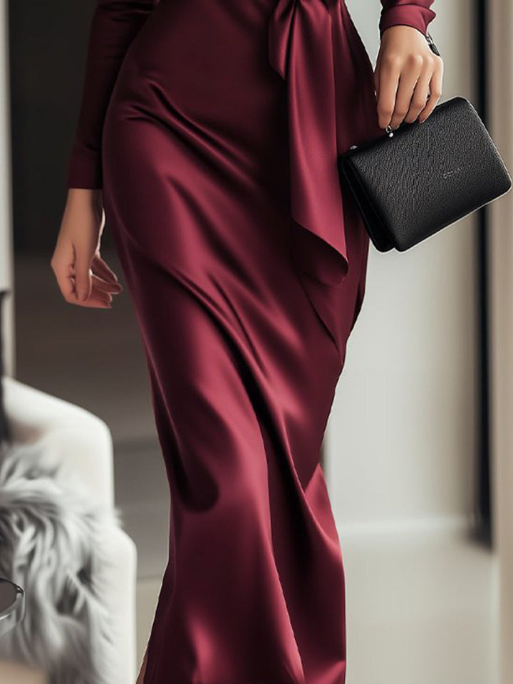 Burgunderrotes Satin-Wickelkleid für Damen | Bindegürtel