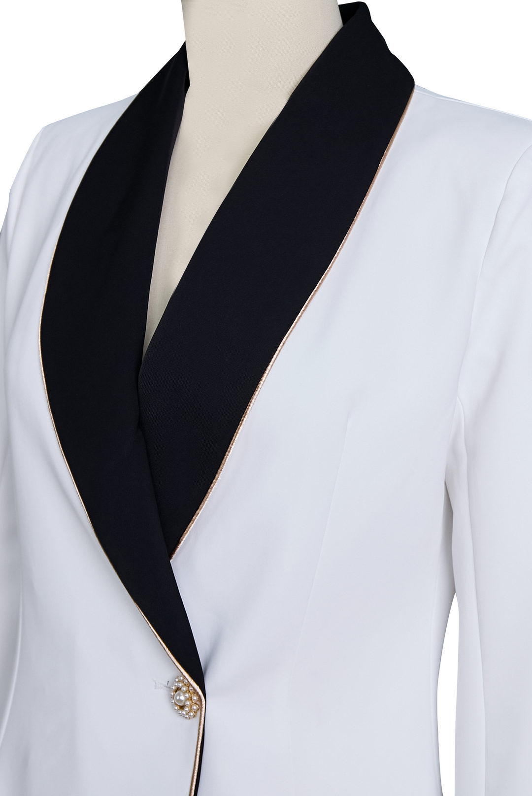 Weißer asymmetrischer Damenblazer | Schwarze Revers