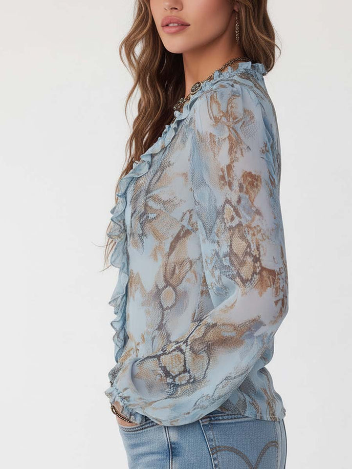 Damenbluse aus Chiffon mit Rüschen und Reißverschluss vorne