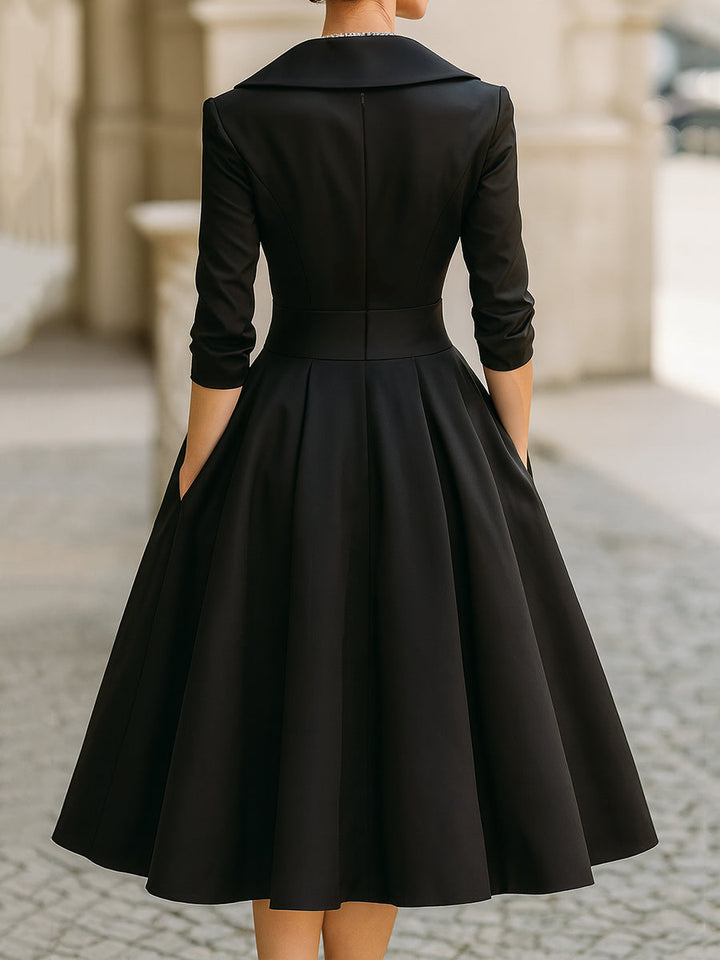 Satin-Midi-Kleid für Damen | A-Linie mit Schalkragen