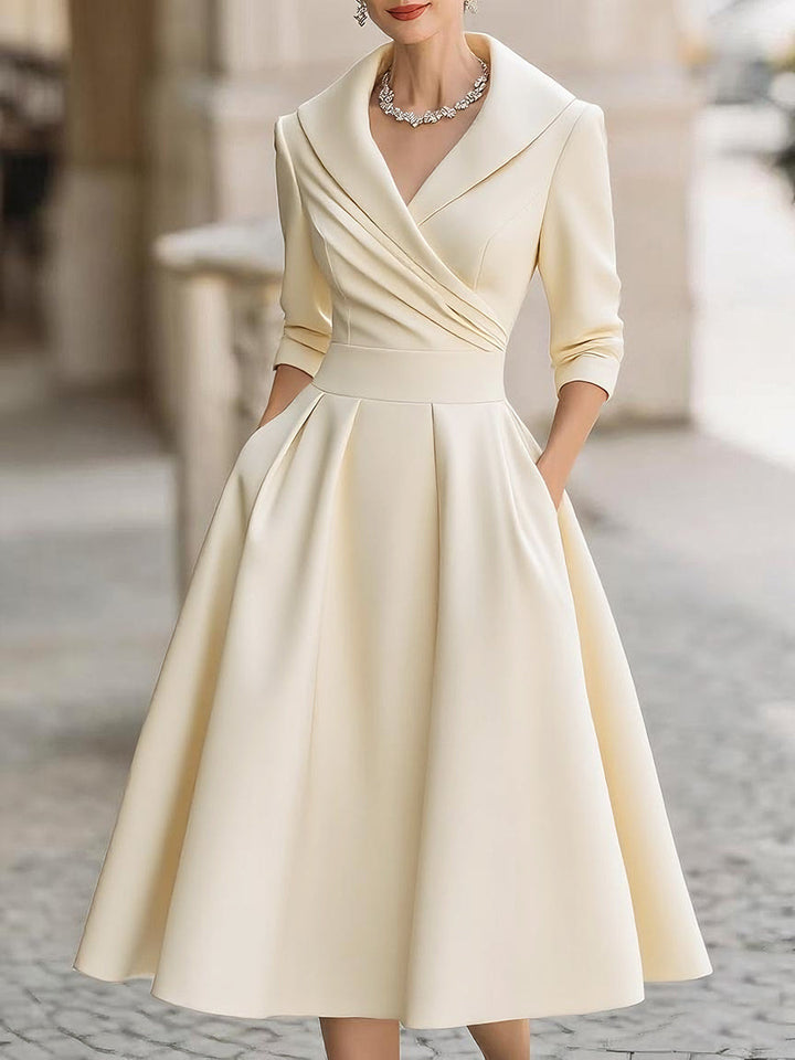 Satin-Midi-Kleid für Damen | A-Linie mit Schalkragen