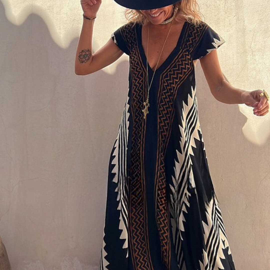Damen-Maxikleid in A-Linie mit Ethno-Print