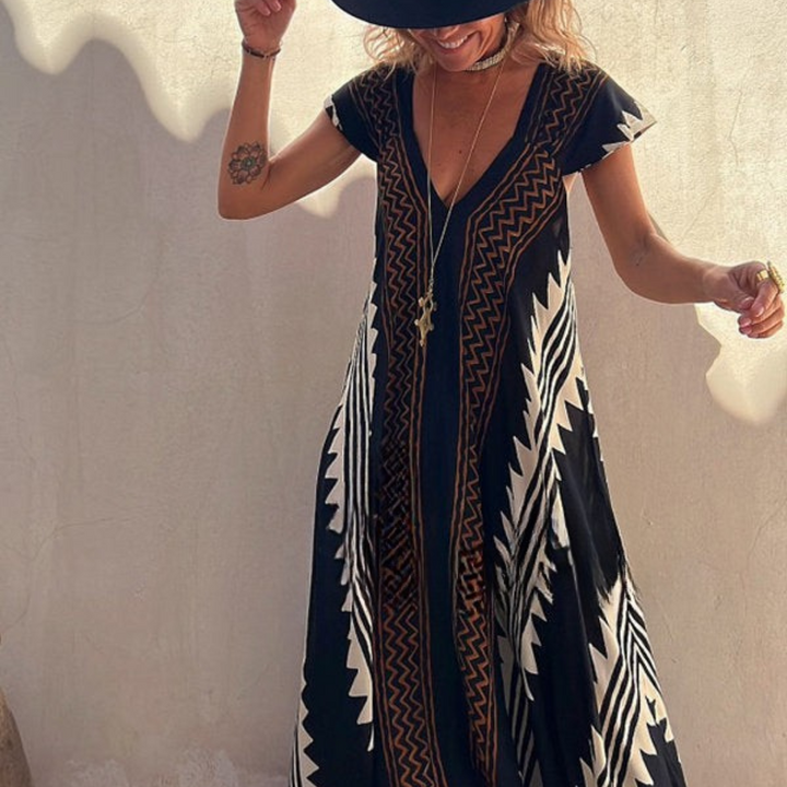 Damen-Maxikleid in A-Linie mit Ethno-Print