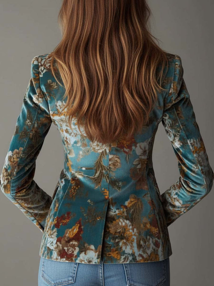 Damen-Blazer aus Samt mit Blumenmuster in Blaugrün