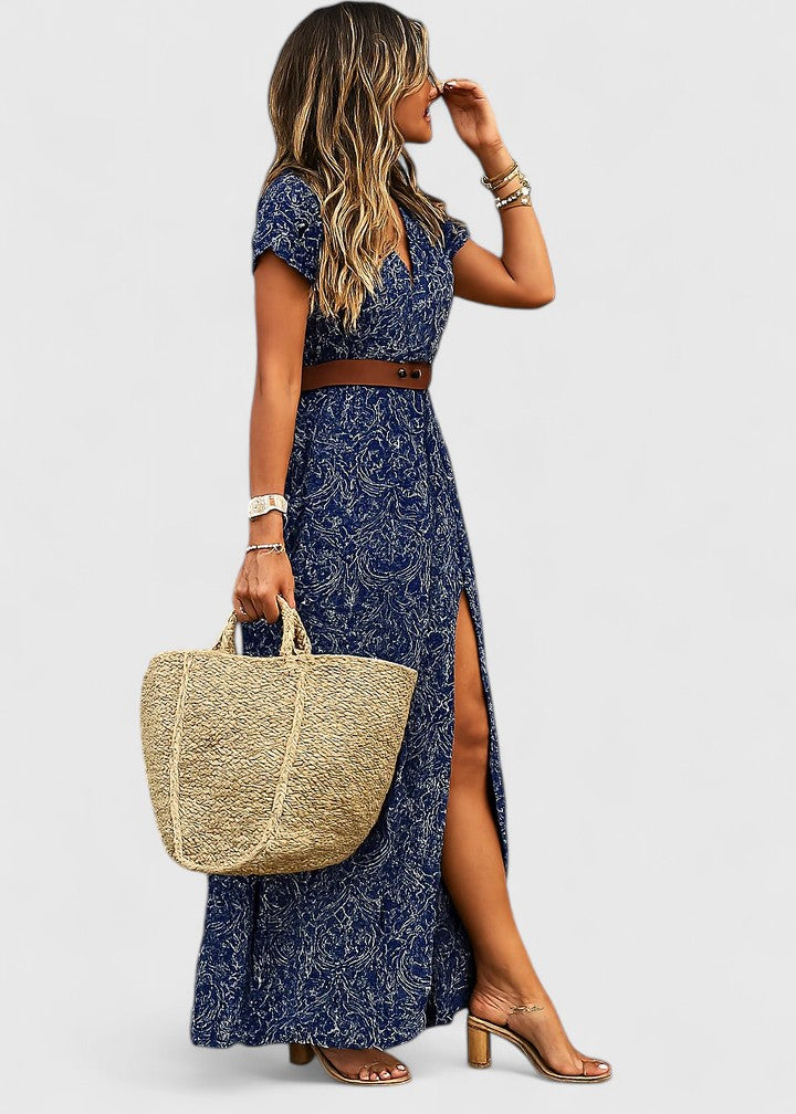 Anke | Damen Lässiges Boho-Maxikleid mit V-Ausschnitt