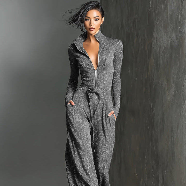 Glitzernder Strick-Jumpsuit mit weitem Bein für Damen | Reißverschluss vorne