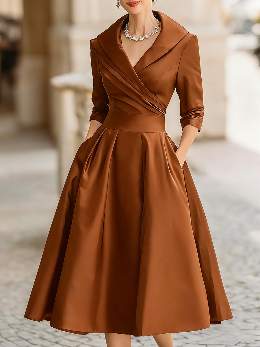 Satin-Midi-Kleid für Damen | A-Linie mit Schalkragen