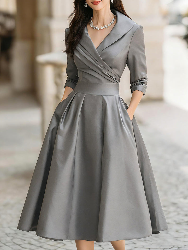 Satin-Midi-Kleid für Damen | A-Linie mit Schalkragen