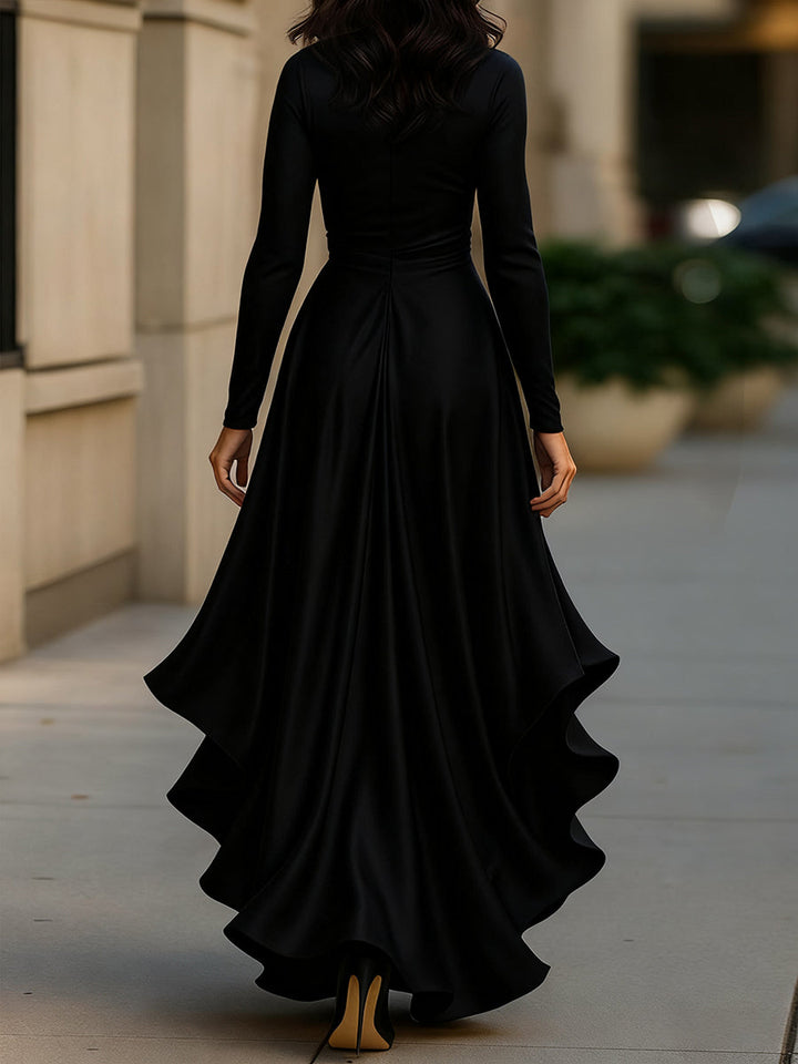 Satin-Maxikleid für Damen | Drapierte Rüschen, lange Ärmel
