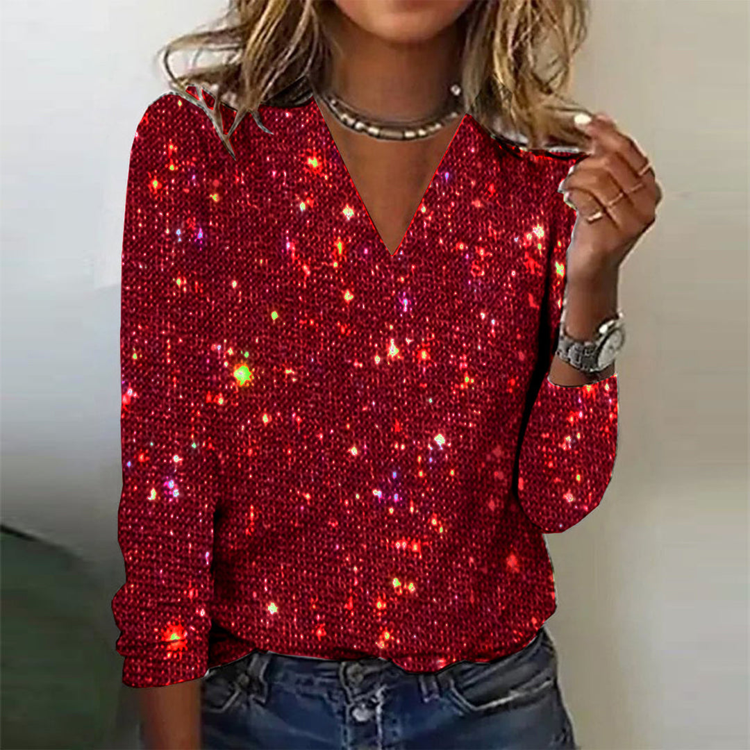 Damen Glitzerbluse V-Ausschnitt Langarm