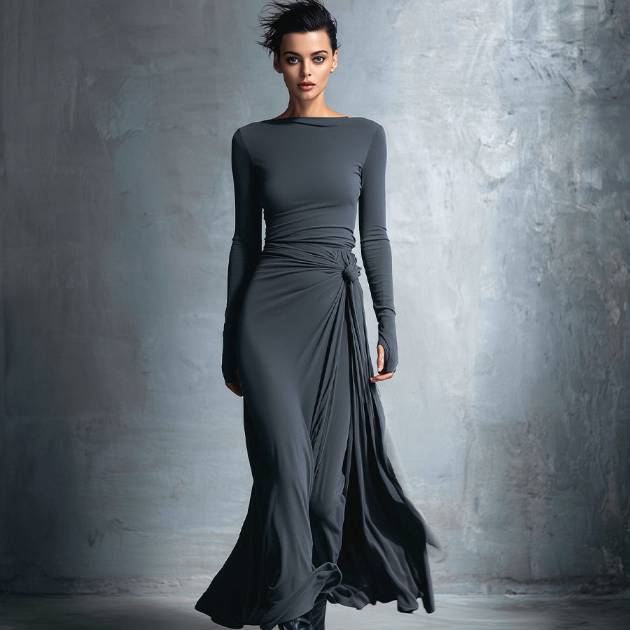 Damen-Maxikleid im Wickelstil, gestrickt, mit Knopf