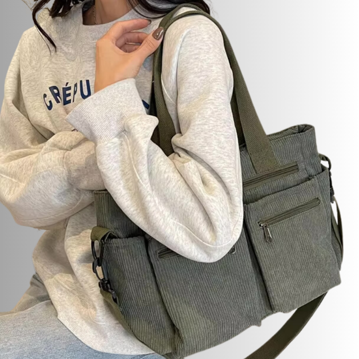 Stilvolles Schultertasche Cord mit Reißverschlusstaschen