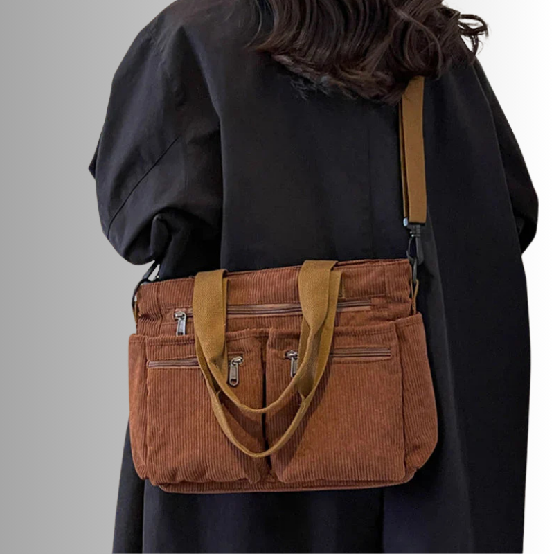 Stilvolles Schultertasche Cord mit Reißverschlusstaschen