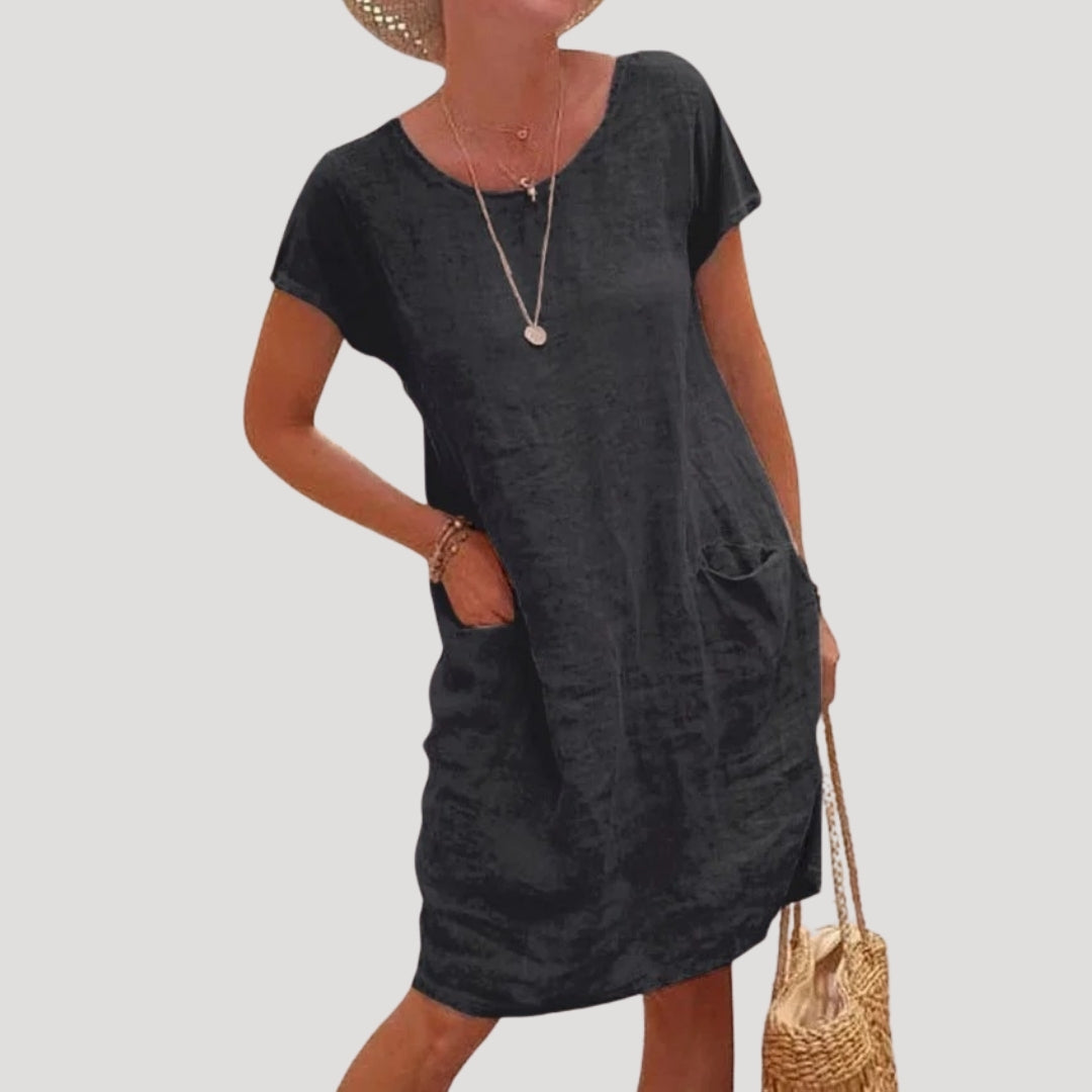 Damen-Leinenkleid in Midi-Länge mit kurzen Ärmeln