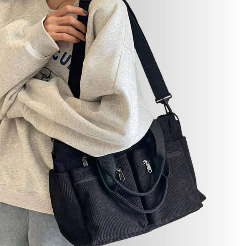 Stilvolles Schultertasche Cord mit Reißverschlusstaschen
