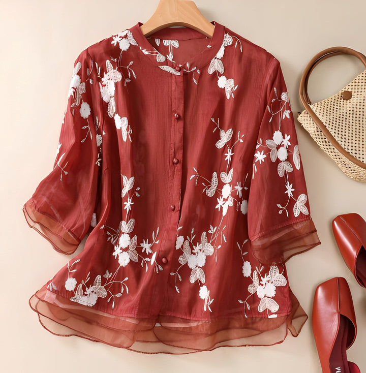 Christine - Elegante Damenbluse mit gestickten Blumen