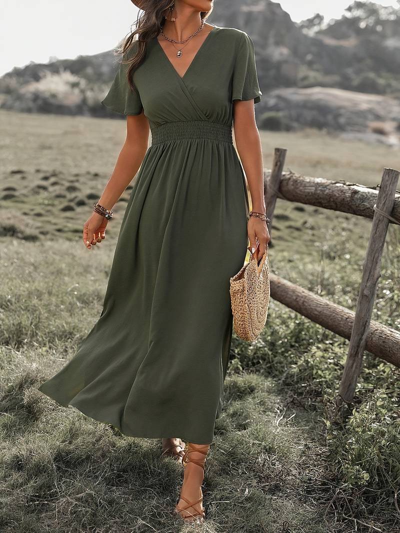 Damen Elegantes V-Ausschnitt Boho Maxi Kleid
