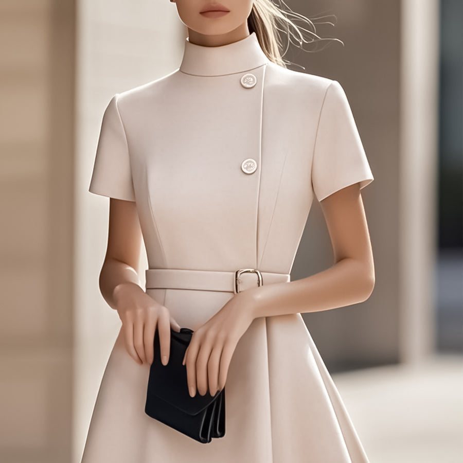 Damenkleid aus Baumwollmischung mit hohem Kragen und Gürtel
