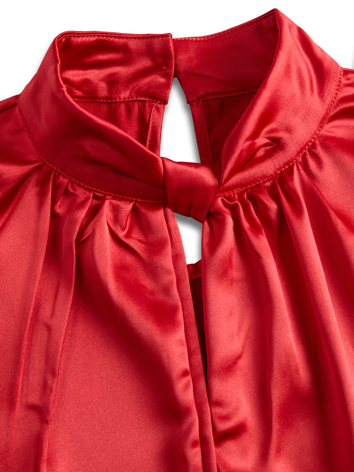 Weiße Satinbluse für Damen | Schlüssellochausschnitt
