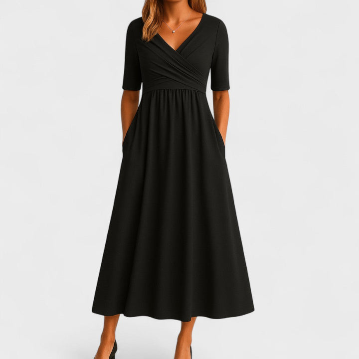 Midi-Kleid für Damen, Wickelkleid mit V-Ausschnitt und Taschen
