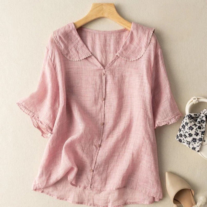 Damen Vintage Bluse Bogenkragen mit Knopfdetail Oversized