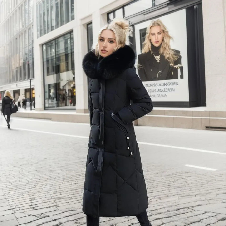 Katharina | Damen Langer Daunen-Steppmantel mit Kragen