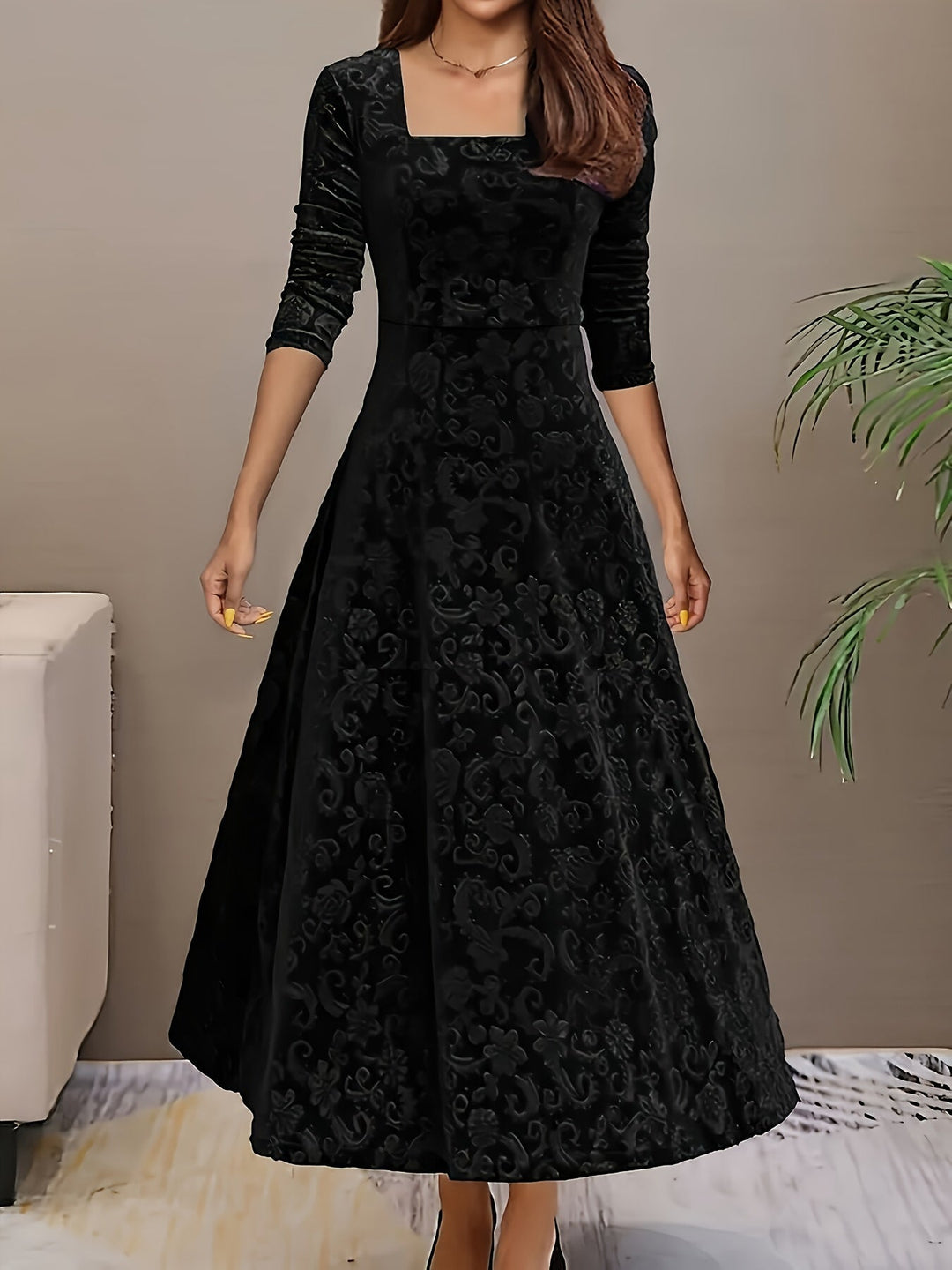 Drei Viertel-Arm Samtkleid Damen floral