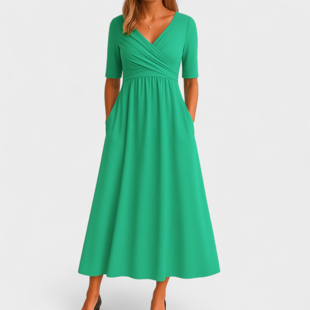 Midi-Kleid für Damen, Wickelkleid mit V-Ausschnitt und Taschen
