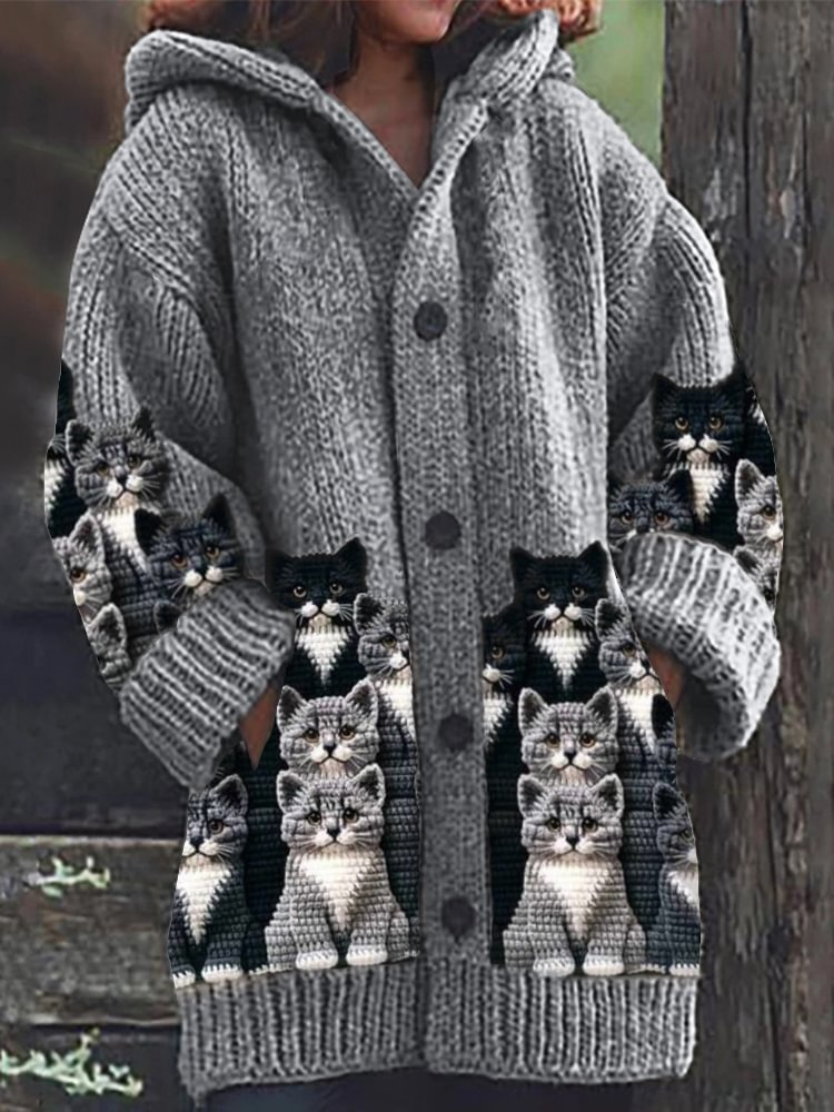 Strickjacke Mit Kapuze | Katzenmotiv