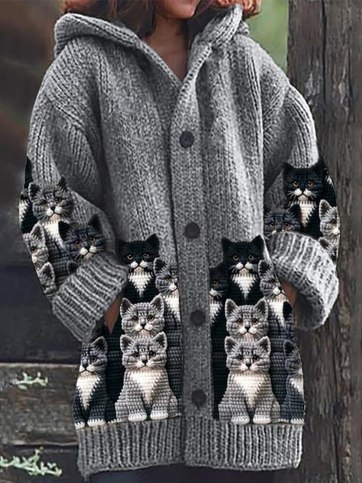 Strickjacke Mit Kapuze | Katzenmotiv
