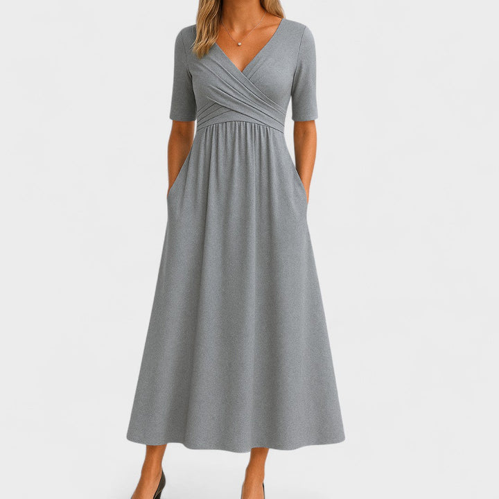 Midi-Kleid für Damen, Wickelkleid mit V-Ausschnitt und Taschen