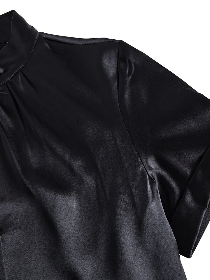 Weiße Satinbluse für Damen | Schlüssellochausschnitt