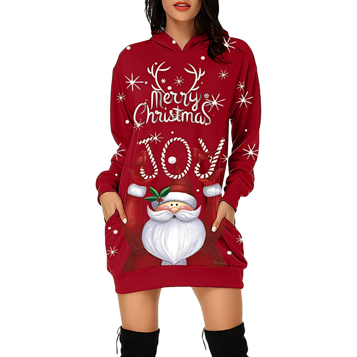 Georgia - Stilvolles Weihnachtskleid mit Kapuze für Damen mit Print