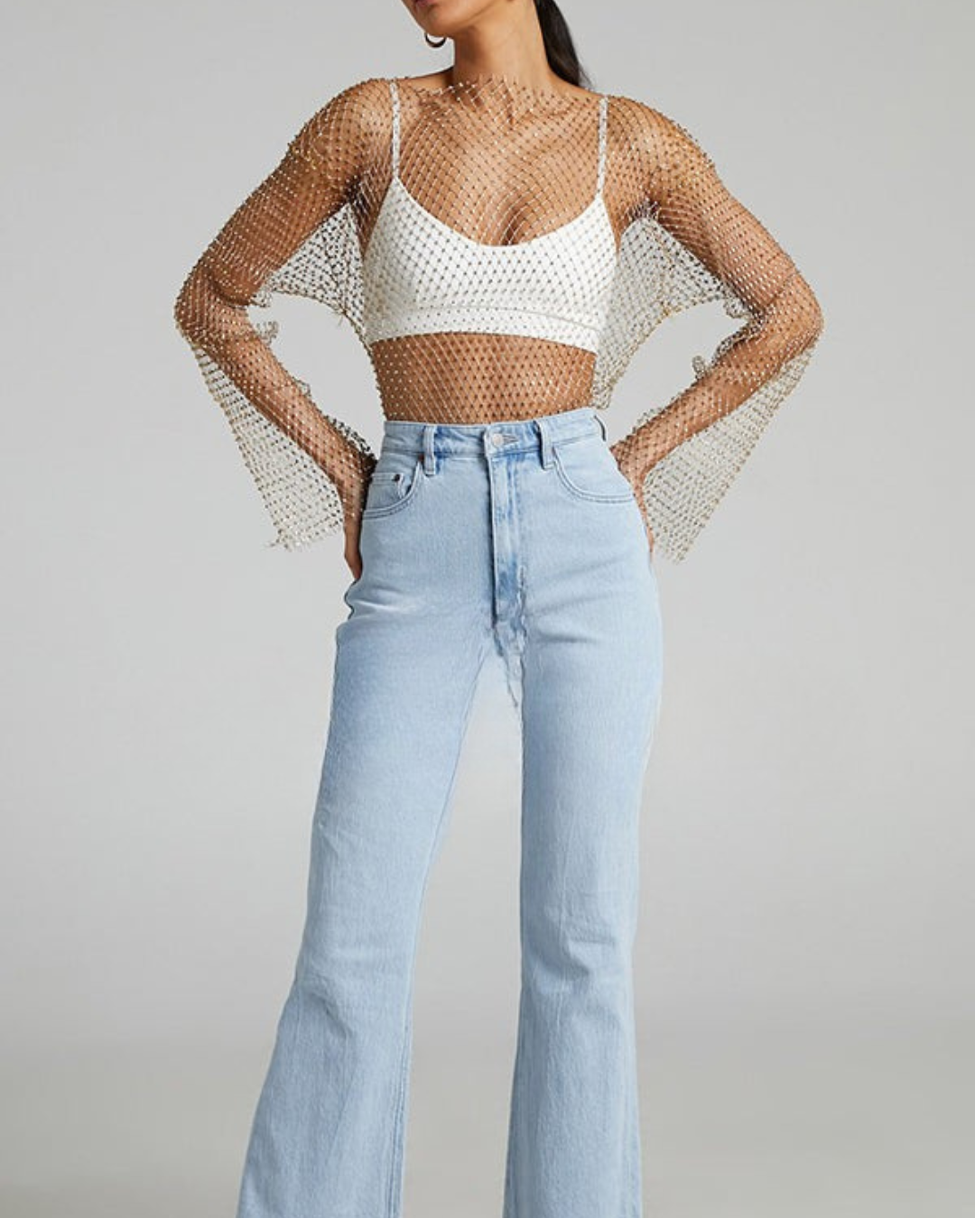 Damen-Top aus Diamant-Mesh mit Glockenärmeln