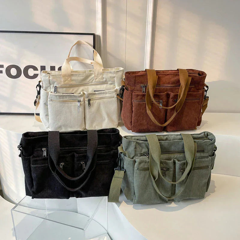 Stilvolles Schultertasche Cord mit Reißverschlusstaschen