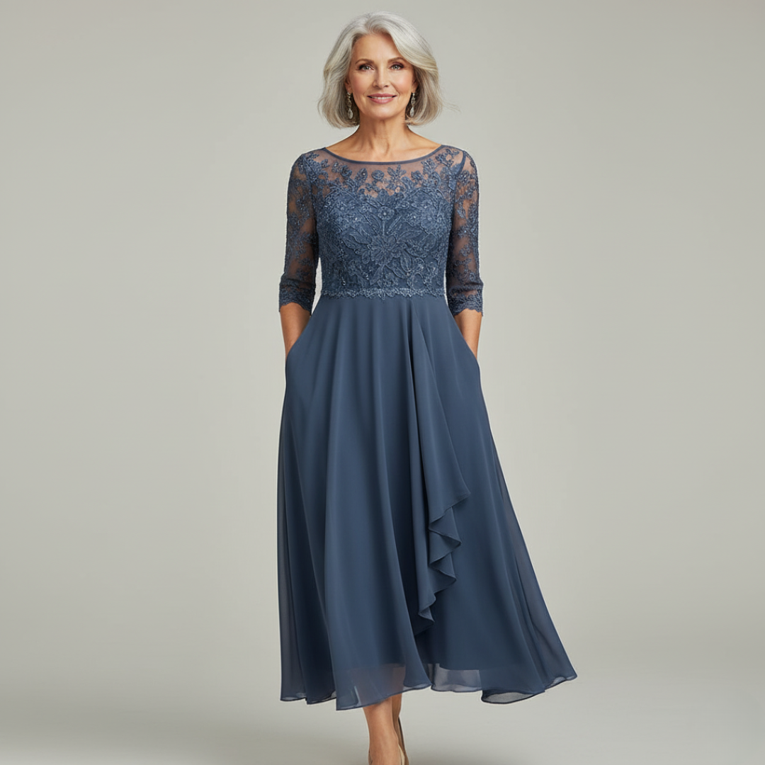 Midi Jurk Dames Chiffon Kant Driekwart Mouw